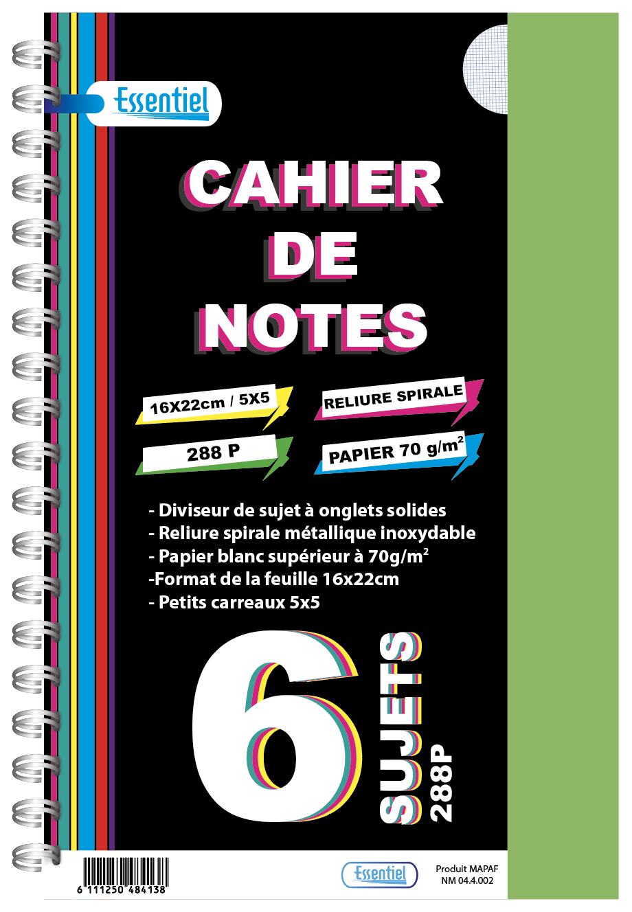 C. de Notes  6 Sujets 288P 70Grs A4 University Essentiel
