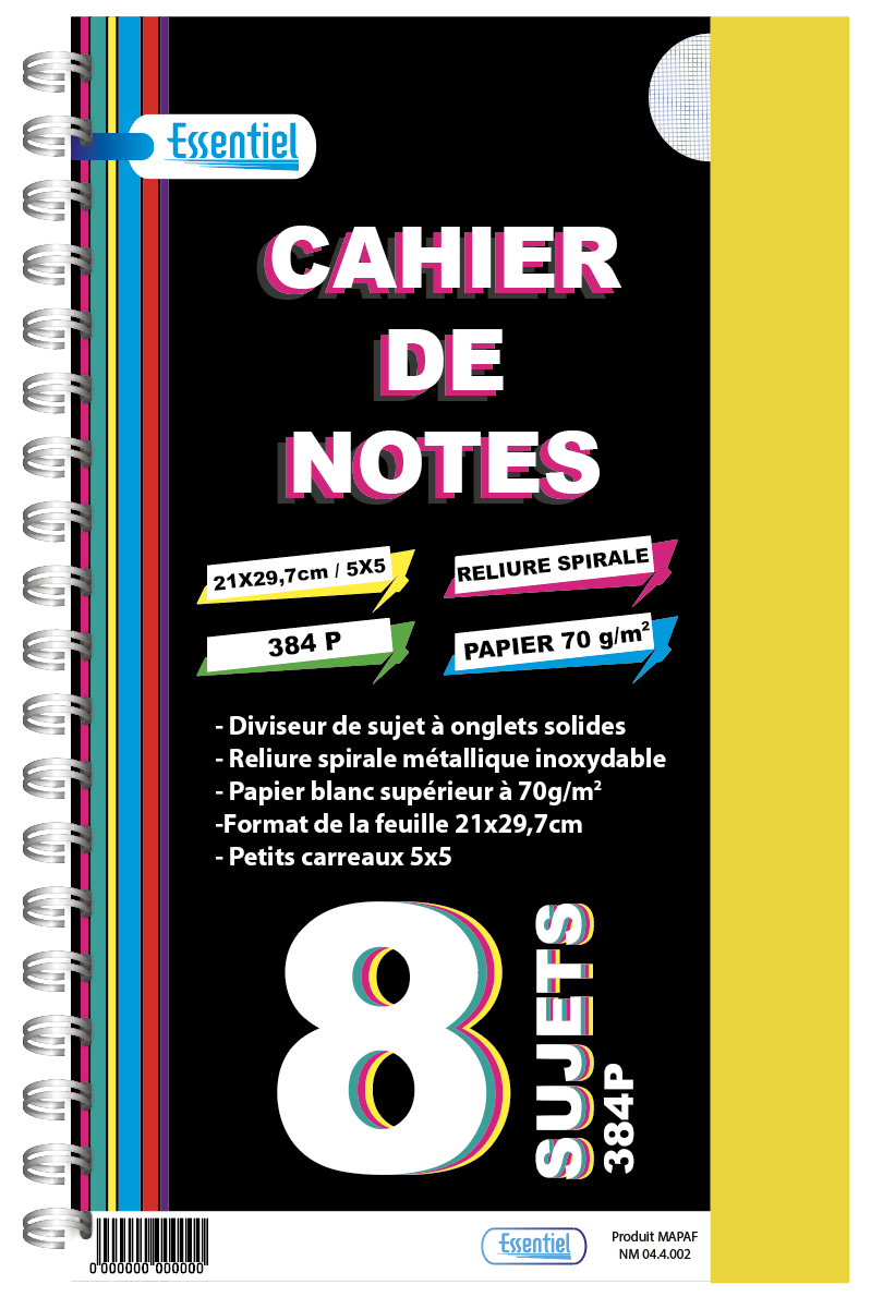 C. de Notes 8 Sujets 384P 70Grs A4 University Essentiel